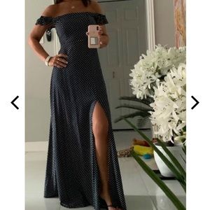 Navy blue polka dot maxi dress off shoulder